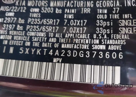 2013 Kia Sorento Lx V6 из США, поврежденный, VIN 5XYKT4A23DG373606